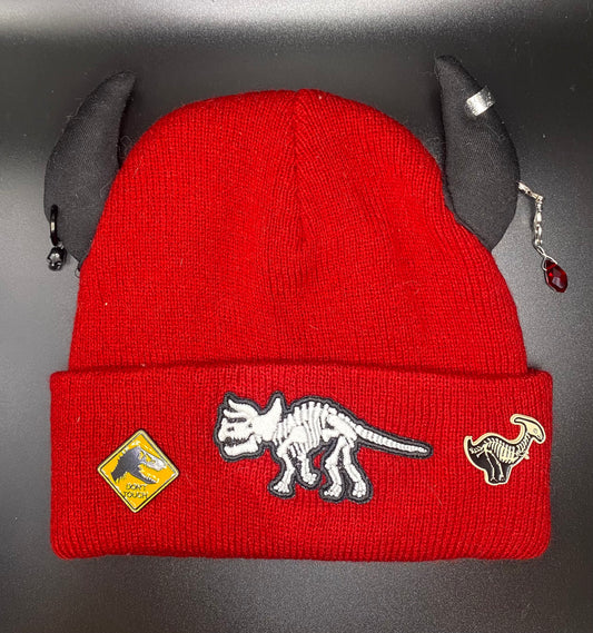 Red dino horned beanie