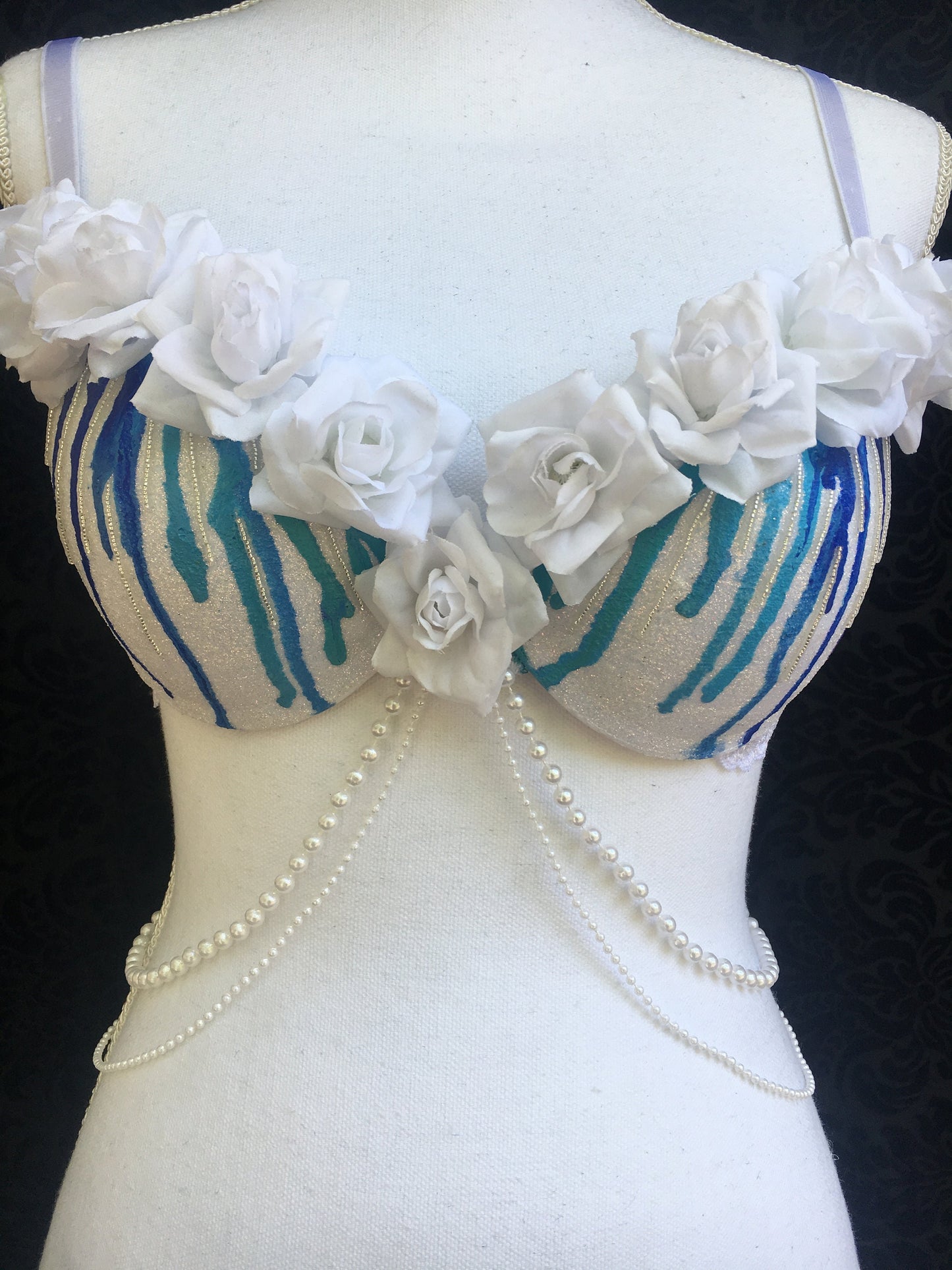 White and Blue drip rave bra/ rose bra/ rave outfit/ edc bra