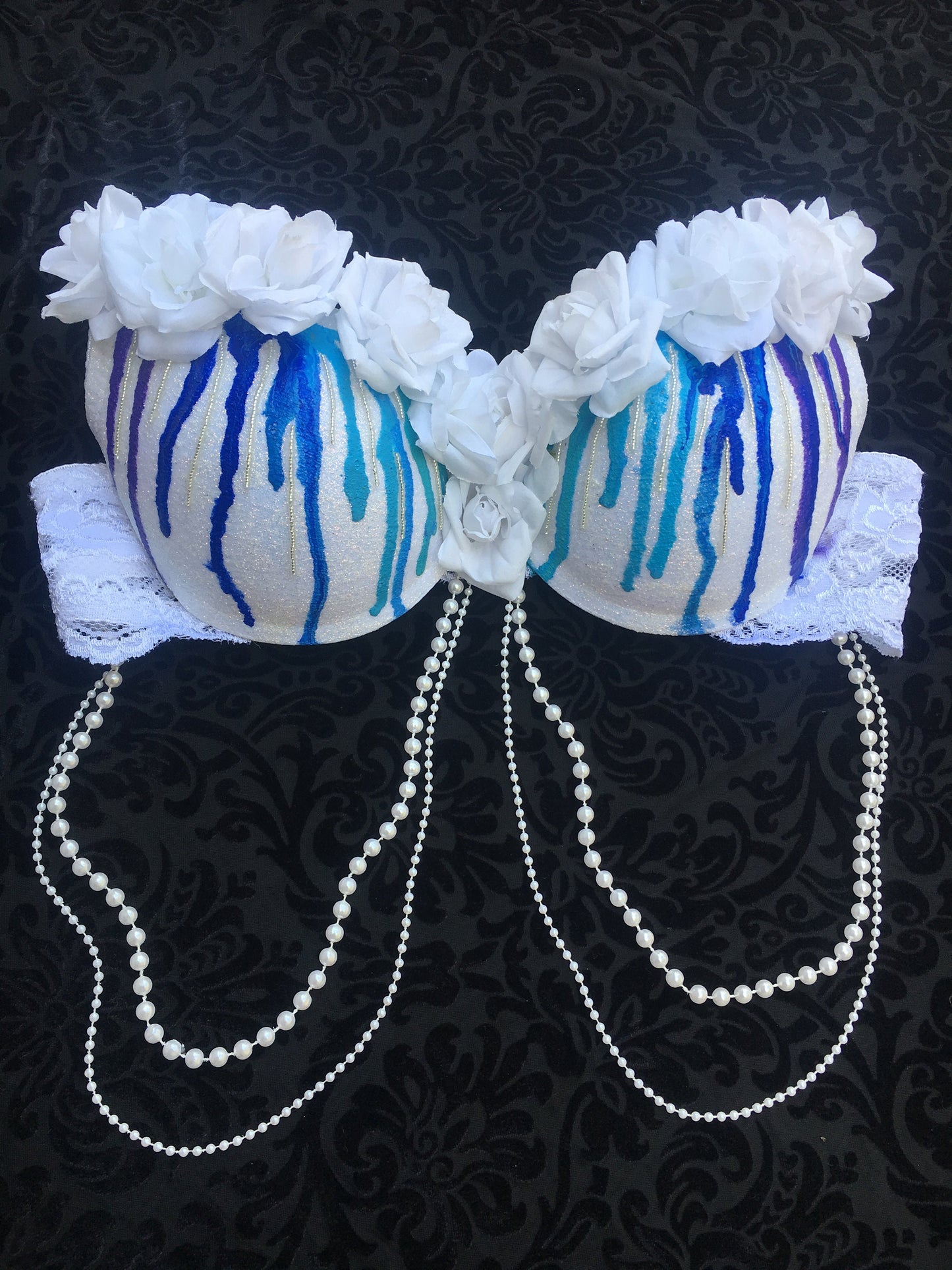 White and Blue drip rave bra/ rose bra/ rave outfit/ edc bra