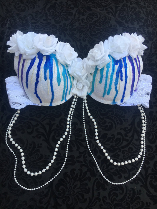 White and Blue drip rave bra/ rose bra/ rave outfit/ edc bra